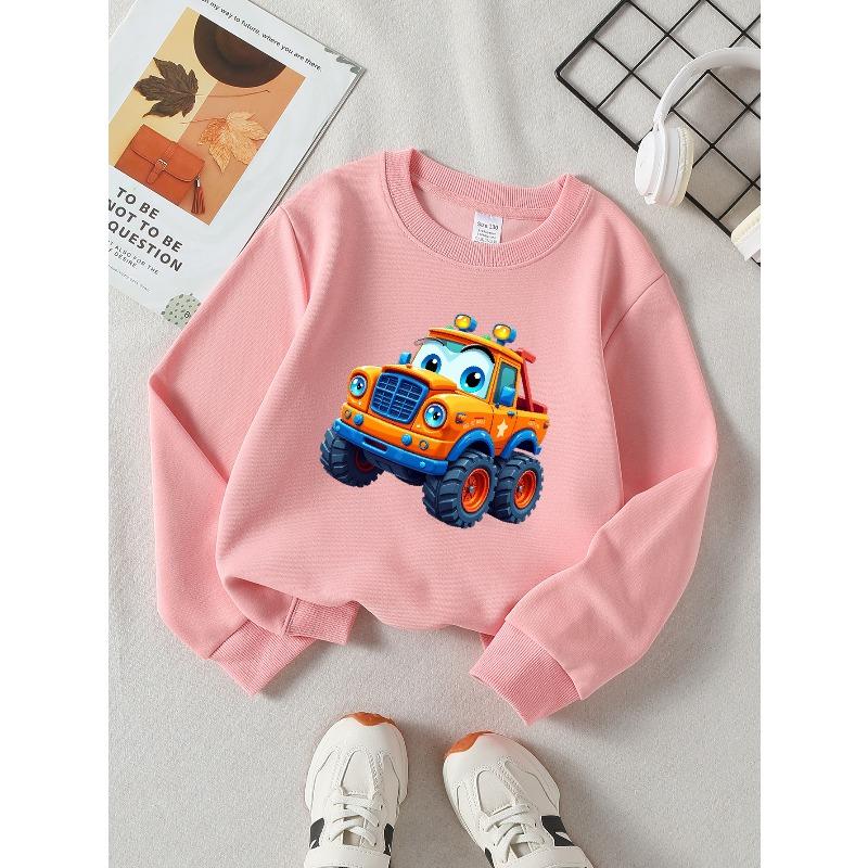 European Sizes Cartoon Monster Truck Orange Blue Eyes Girls' Crew Neck Fashion Sweatshirt, Autumn Winter Western Top, Long Sleeved Casual.