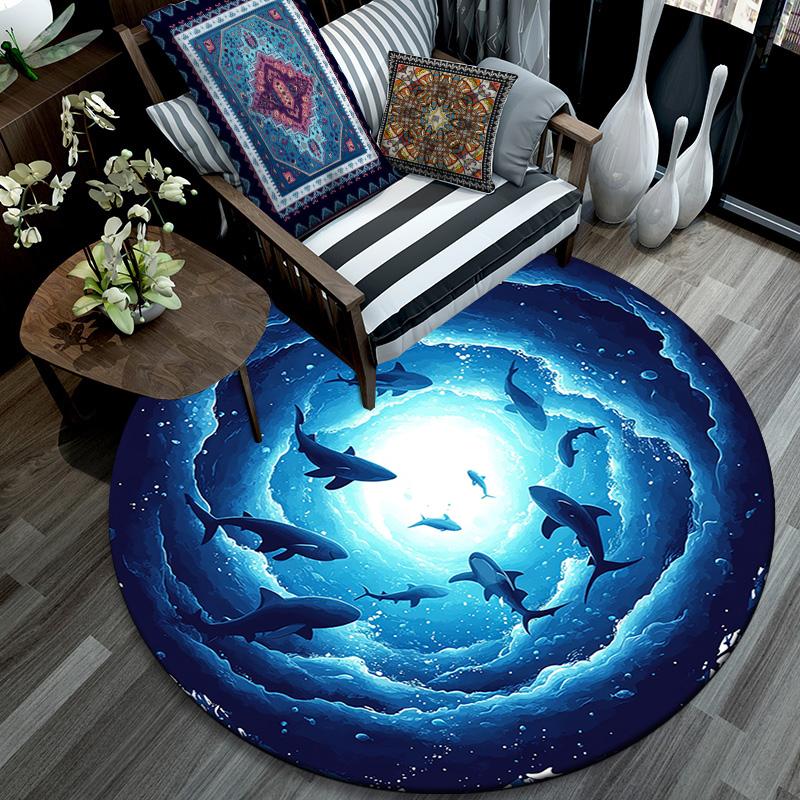 Sharks Round Area Rug,Carpet Rug for Living Room Bedroom Sofa Playroom Decor,Non-slip Floor Mat