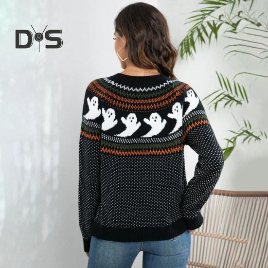 Damen Pullovermantel, Rundhalsausschnitt, Langarm, Geistermuster, Halloween-Strickjacke, Einreiher, Pullover, Strickjacke