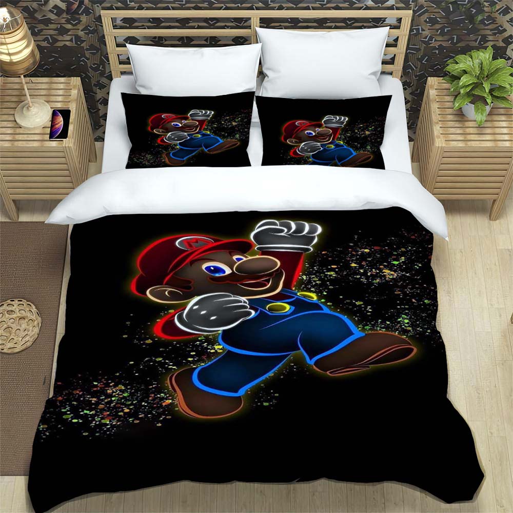 Comfortable Bedding Set, 3D Cartoon Mario Three-piece Set, Including Duvet Cover and Pillowcases.
