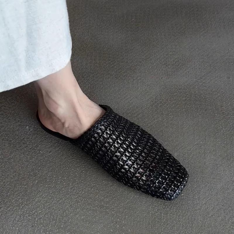Geweven holle tas hoofd halve pantoffels dames 2025 zomer nieuwe draag platte zool casual veelzijdig luie muller coole pantoffels