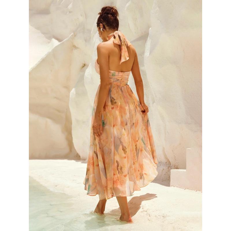 Vestido de Verano 2026 sin Mangas Estampado con Espalda Descubierta y Tirantes - Estilo Vacacional Europeo y Americano para Mujer