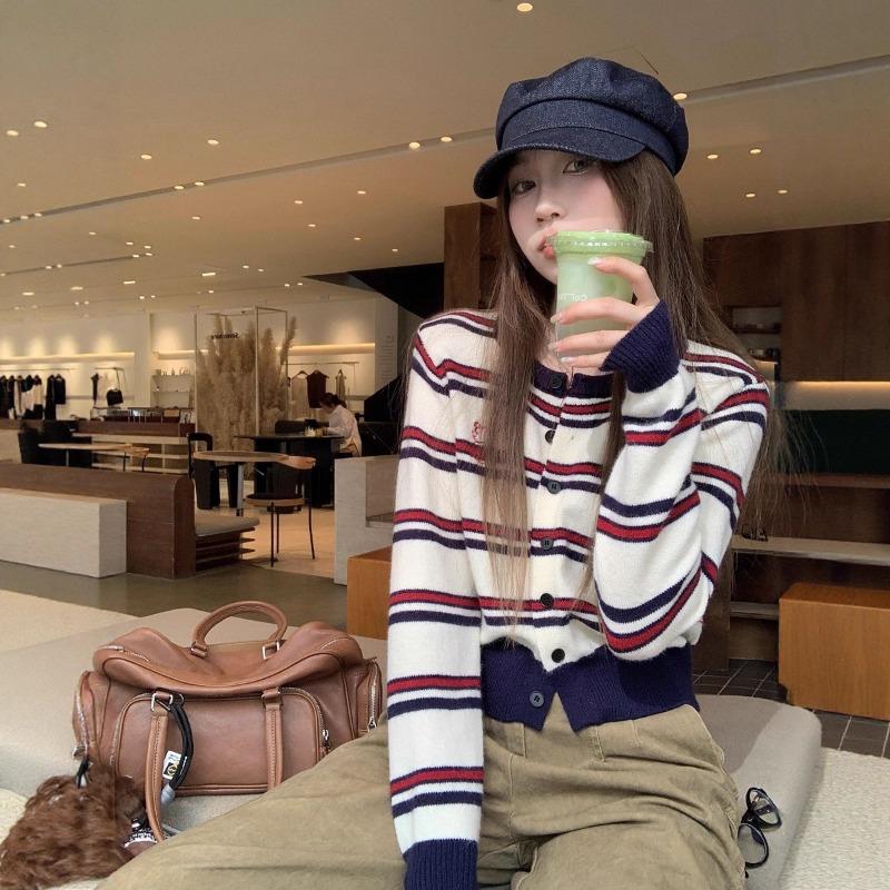 Cute Dog Repair Bottoming Shirt Long-sleeved Striped Knitted Sweater Crew Neck Cardigan Lazy New Women's Top