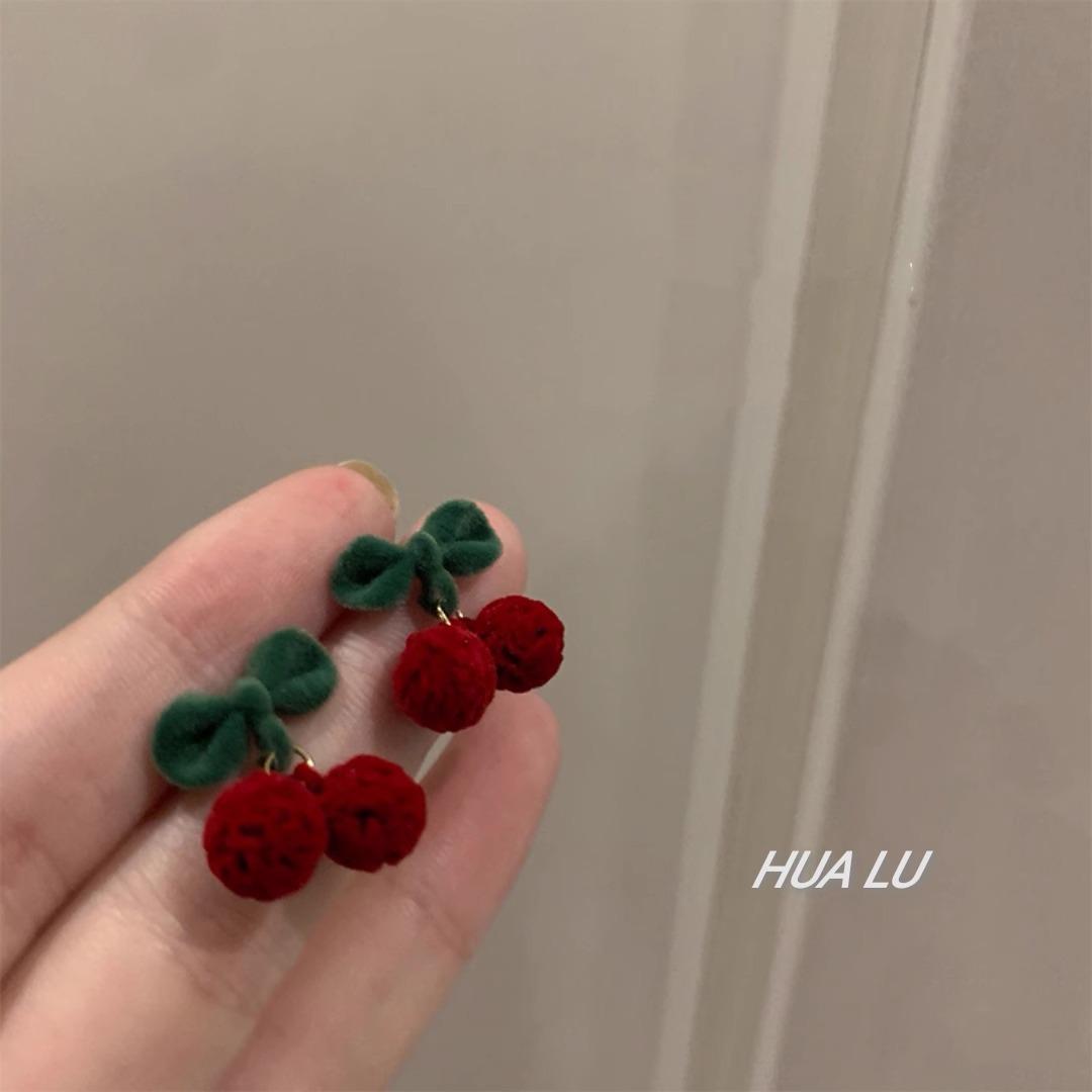 Angora Red Velvet Cherry Bow Earrings Vintage Sweet Niche Design Silver Needle Earrings