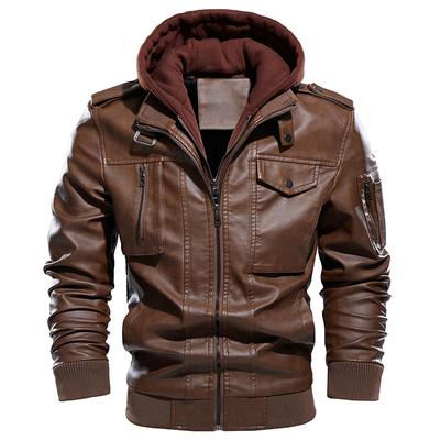 Casual Leather Jacket Men Warm Windproof Faux Leather Motorcycle Bomber Coat Fashion PU Leather Hooded Pilot Outerwear Jackets EURO Size