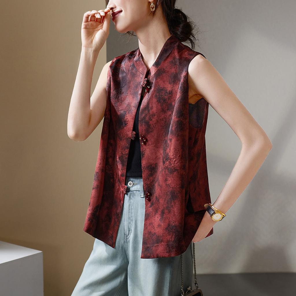 New Chinese Style Printed Vest Jacket for Women