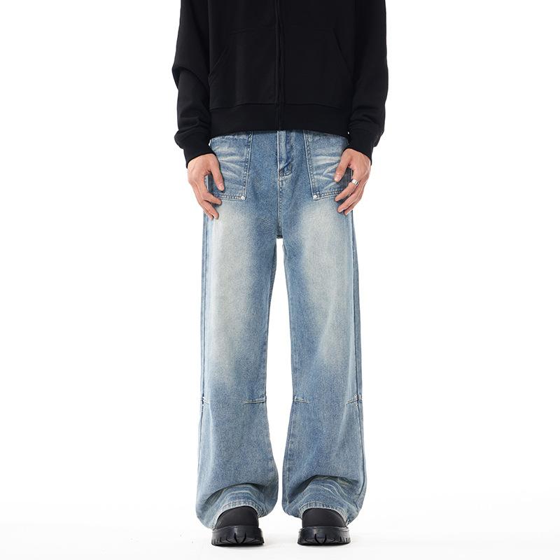 

Retro Lightning Pattern Washing Jeans for Men s Flower-tie Retro Loose Straight Trousers XXXL синий