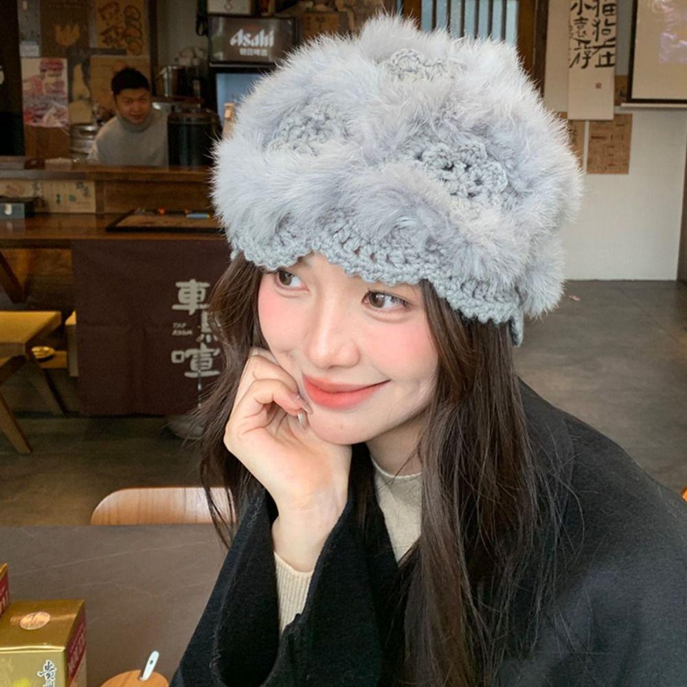 Rabbit Fur Earflap Bucket Hat Warm Plush Hat Trendy Fluffy Knitted Skull Cap  Daily Wear