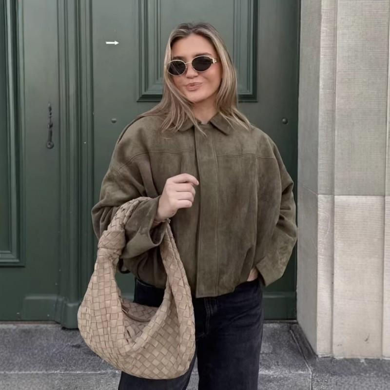 Damen Oversize Windjacke mit Wildleder-Textur, Reverskragen, Reißverschluss vorne