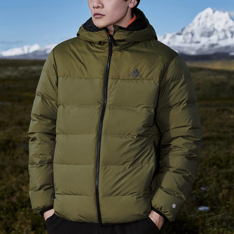 Adidas Logo Print Zip-Up Hooded Down Jacket Unisex Outerwear Green HZ2593