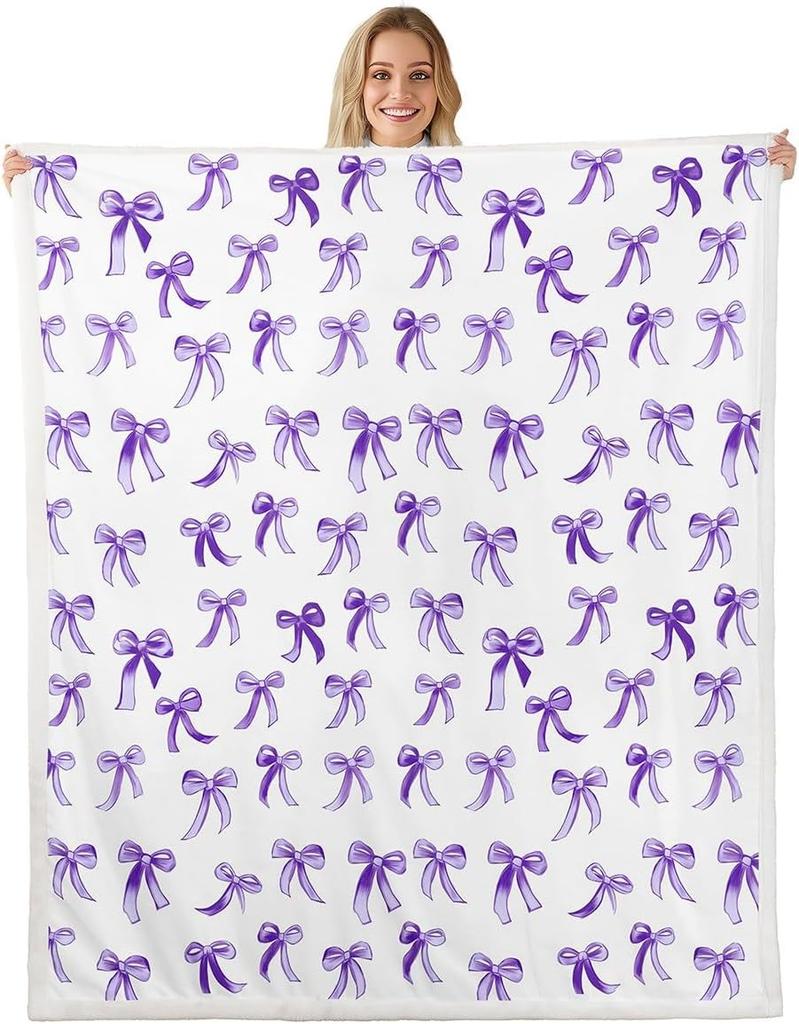 Blue Bow Pattern Blanket Soft Fleece Throw Elegant Home Decor Gift for Women Girls Bedroom Bedding Cover