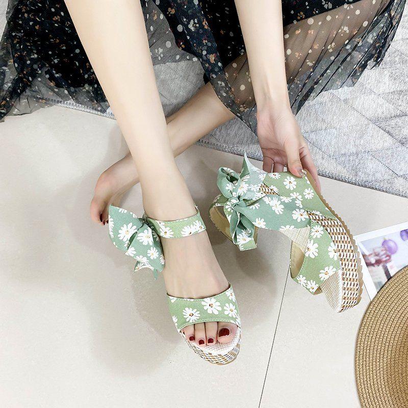 Sandals for Women Strappy Print Wedges Heel Bow Woman Shoes 2025 Luxury High Quality Anti Slip Hot Trending Comfort Vintage Pvc