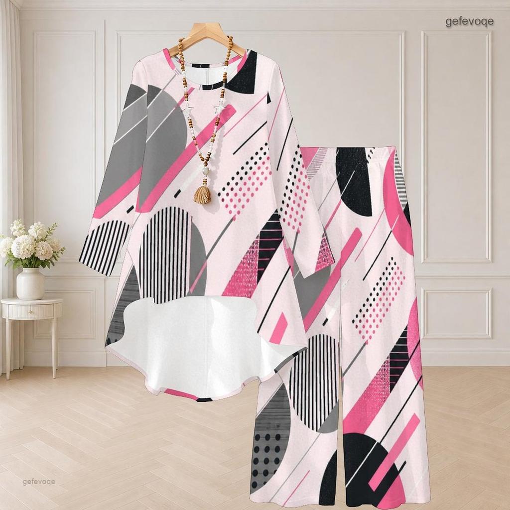 Women Plus Size Round Neck Long Sleeve Multicolor Geometric Printed High Low Top Wide Leg Pants Two Piece Set