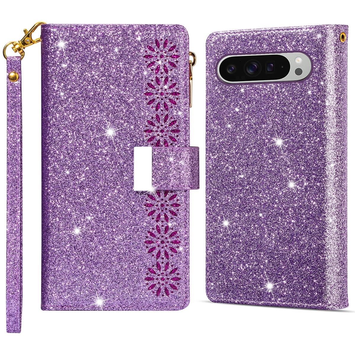 

For Google Pixel 9 Pro XL Case Starry Sky Carving Leather Wallet Phone Cover Purple