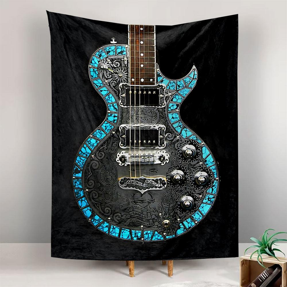 Ornate Carved Electric Guitar Turquoise Stone Inlay Engraved Black Wall Tapestry Rock Music Decor for Bedroom Man Cave