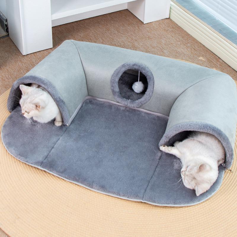 U Shape Cat Tunnel Bed For Indoor Kitten Cave Play Pet Supplies Seasonal Cat Couch with Hanging Plush Ball Toy