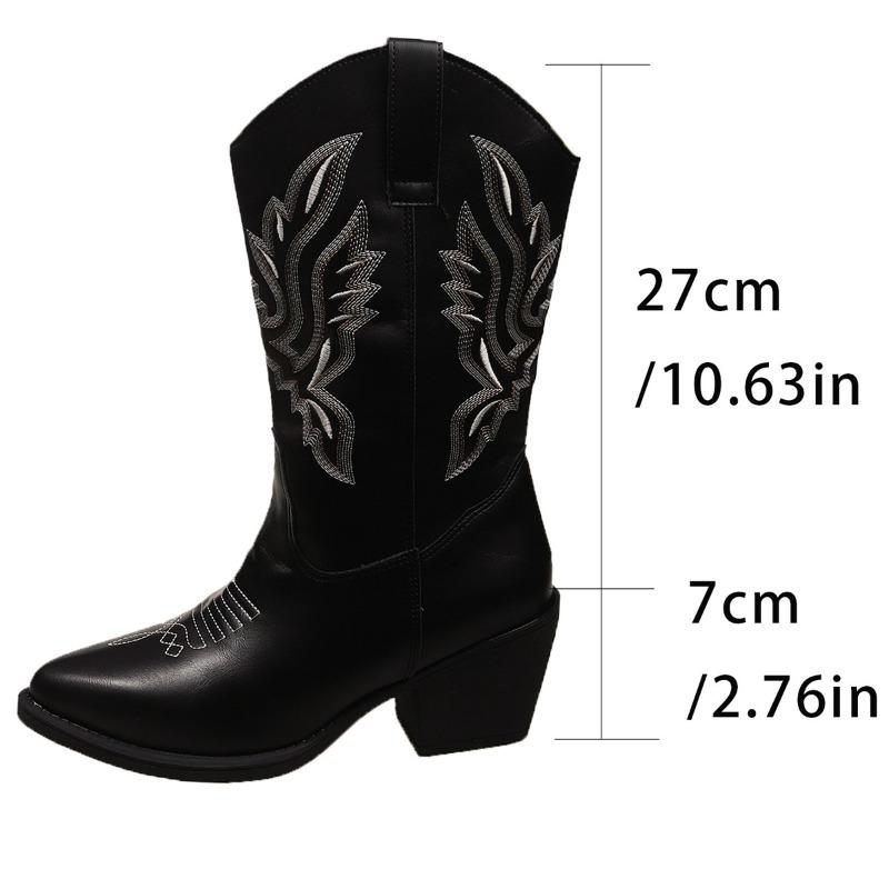 Fashion New Spring and Fall Fashionable Pointy Solid Color Women's Mid-calf Boots with Mid-heel Sleeves Embroidered Western Cowboy Boots