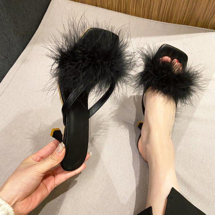 High Heels Women's Summer Hairy High-heeled Sandals Slippers Wear Stiletto High Heels Card Finger Foreign Sandals Versatile Pure Desire