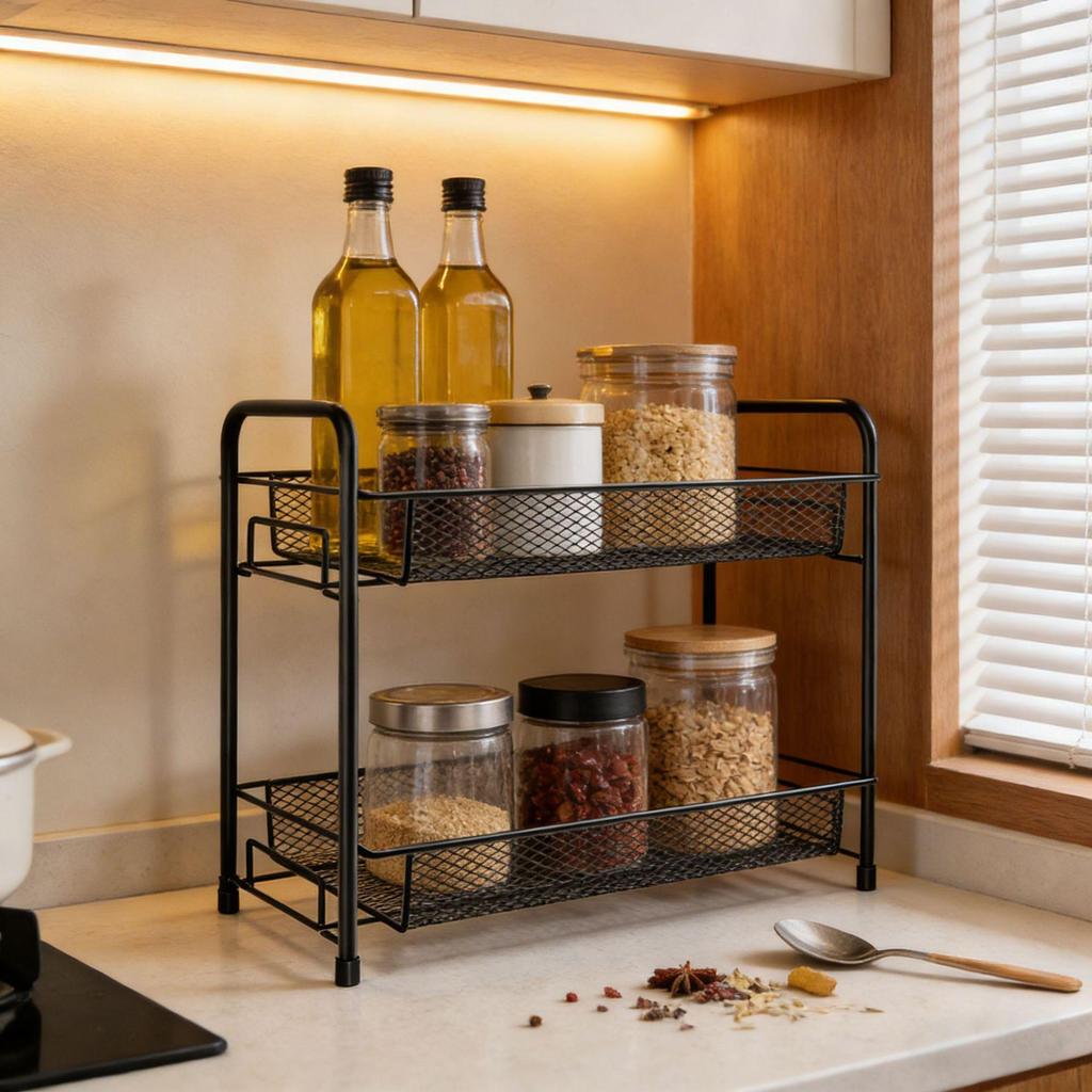Kitchen spice storage rack, double-layer cabinet storage rack, home use without drilling