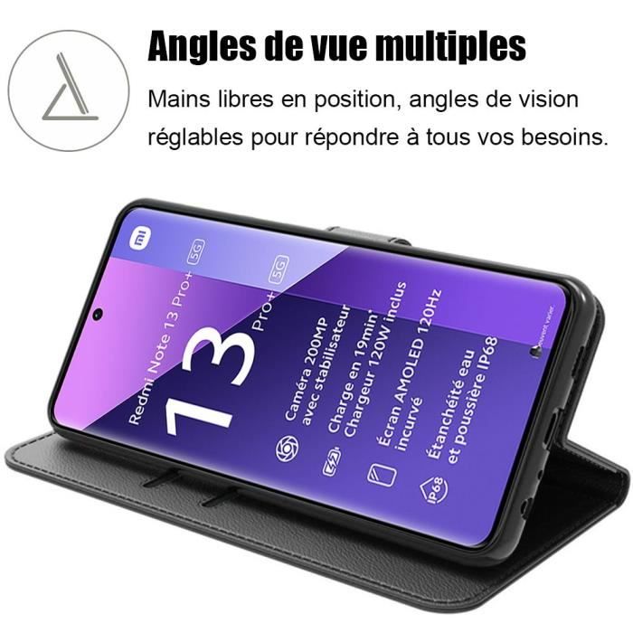 Coque + 2 Verres Trempés - pour Xiaomi Redmi Note 13 Pro+ 5G - Effet Cuir - Fentes pour Cartes - Noir