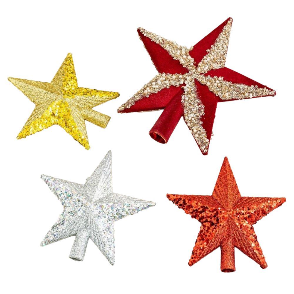 New 14cm Christmas Tree Star Plastic Shiny Surface Tree Top Ornament Flocking Solid Color Xmas Tree Topper Party Decor