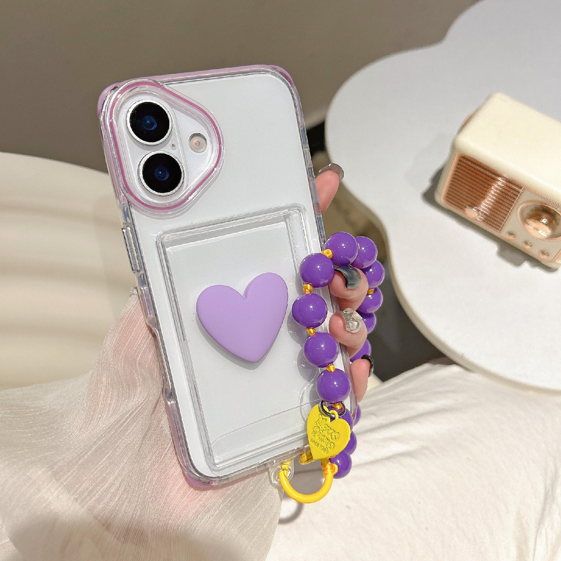 

For iPhone 16 Case Card Holder Transparent PC+TPU Shockproof Phone Cover with Beaded Wrist Strap Black