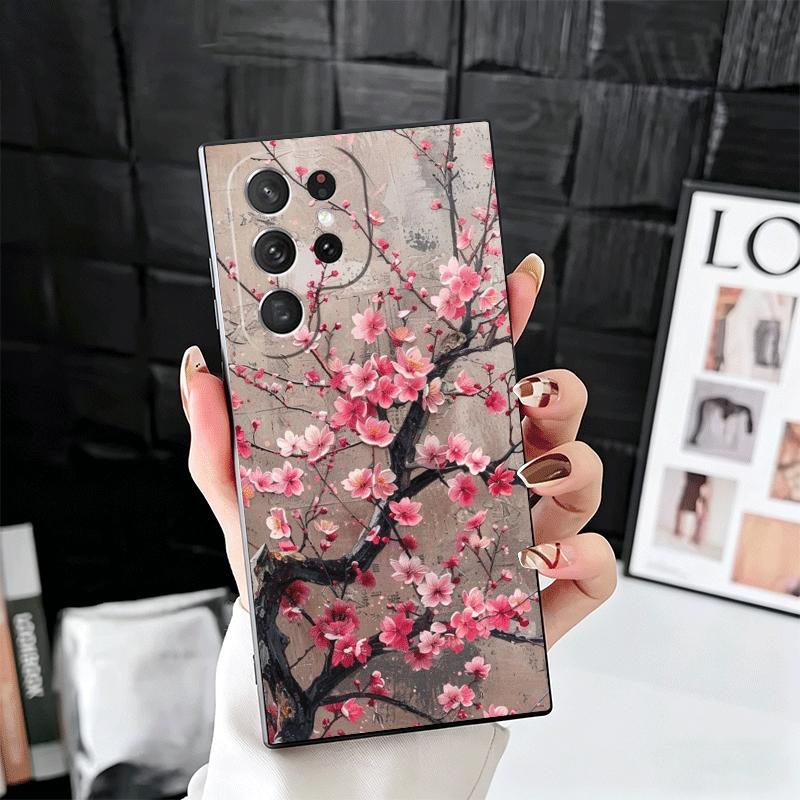 Cherry Blossom Sakura Fashion Soft Phone Case for Samsung Galaxy S26 S25 Edge S24 Ultra S23 Plus S22 S21 FE S20 Black Cover Back
