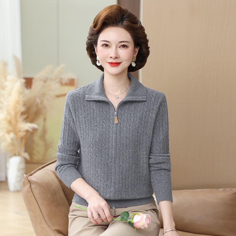 Mom's Plus Size Wool Zipper Cardigan for Fall & Winter - Versatile Lapel Sweater for Middle-aged & Elderly Women