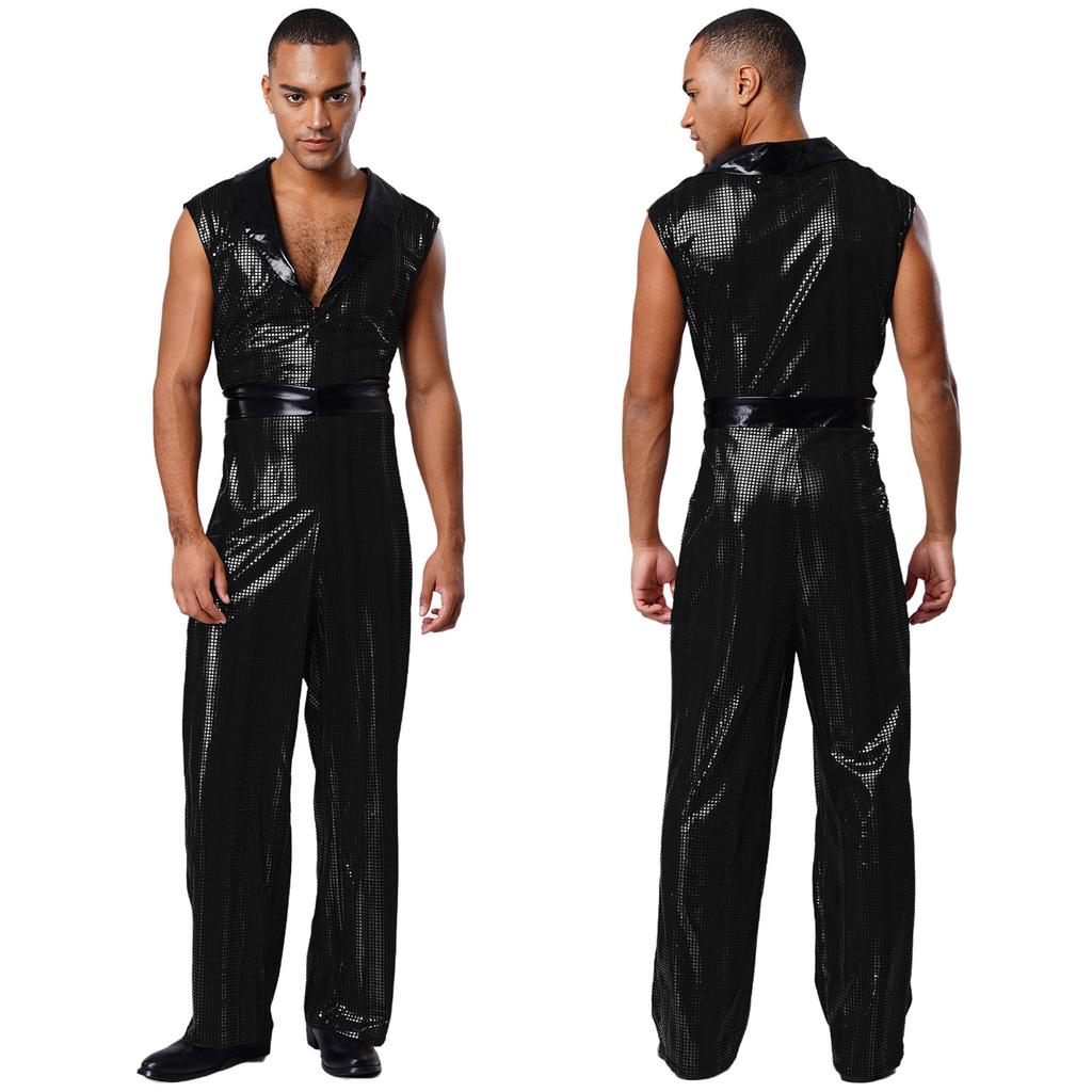 Mens Metallic Shiny Plaid Jumpsuit Sleeveless V-Neck Wide Leg Bodysuit