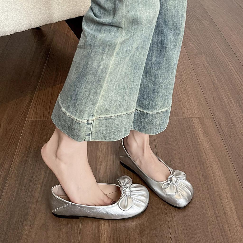 Weiwei Girl 993-11 Bow Ballet Single Shoes Women's Shallow Mouth Flat-bottomed French Silver One-pedal Beanie Shoes