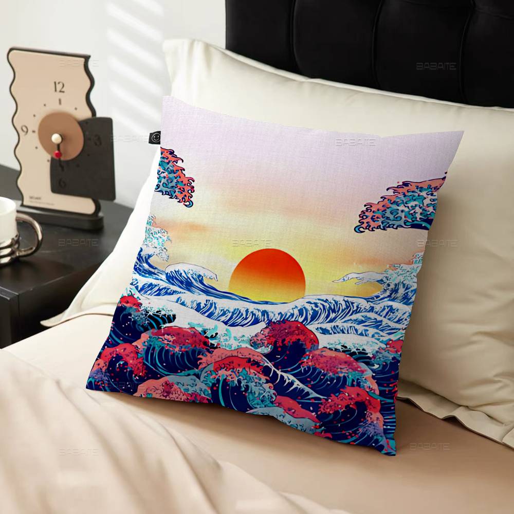The Great Wave Off Kanagawa Art Pillow Covers Cartoon Sofa Decorative Home Double-sided Printing Short Plush Cute Cushion Cover