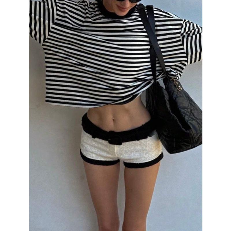 Loose Casual Retro Color Contrast Striped Long Sleeve T Shirt Top