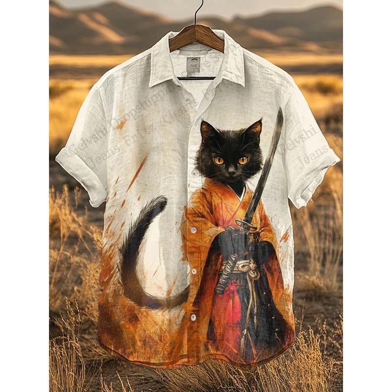 Men's Shirts Warrior Samurai Cat Print Hawaii Beach Shirt For Men 3d Print Hawaiian Shirt Women Fashion Short Sleeve