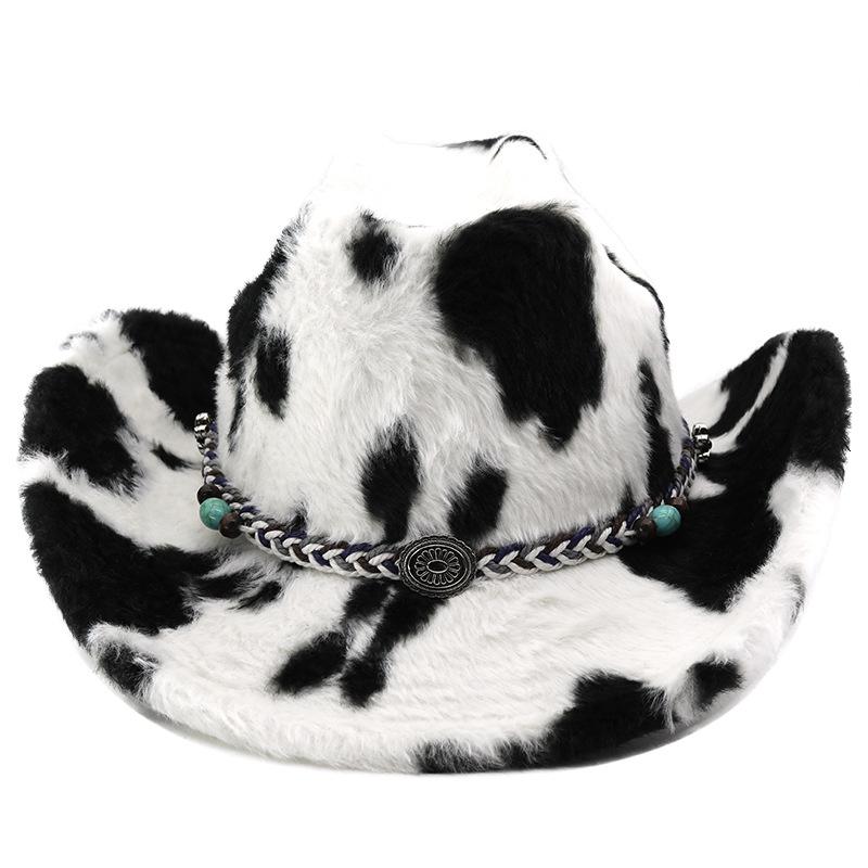 Cowboy hat autumn and winter new milk pattern fashion plush top hat with bull head hat belt warm versatile hat