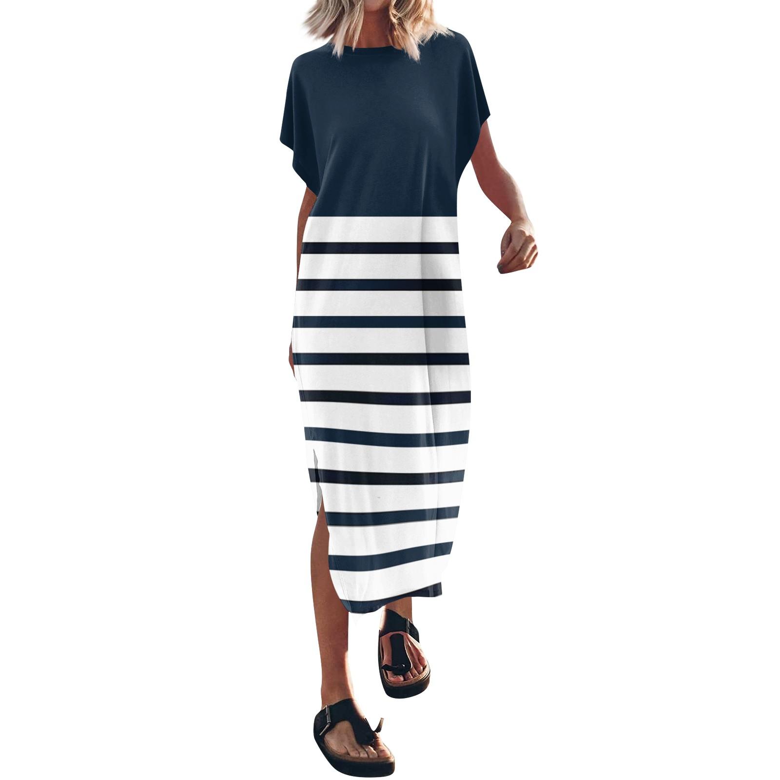 

Женская летняя футболка с принтом, длинные платья с рукавами и круглым вырезом, повседневное свободное платье с разрезом XXL тёмно-синий