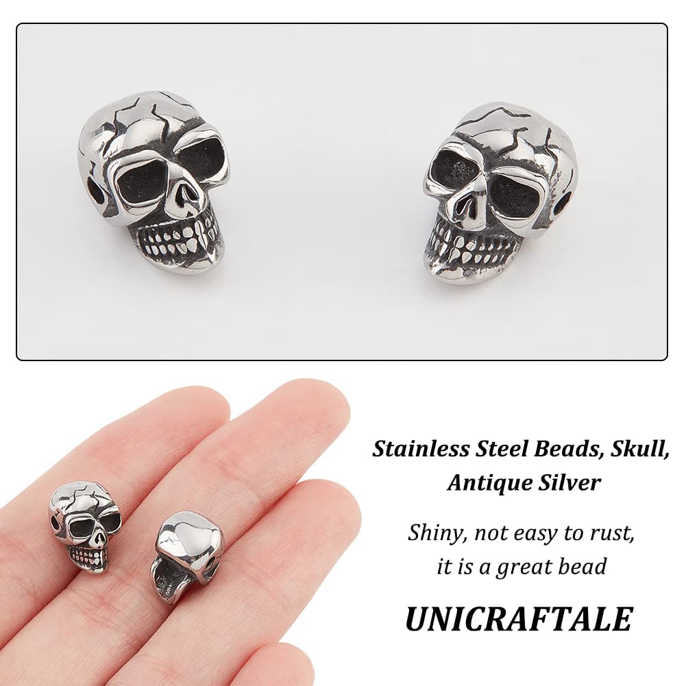 10Pcs 304 Stainless Steel Beads, Skull, Antique Silver, 14x9x9mm, Hole: 1.5mm
