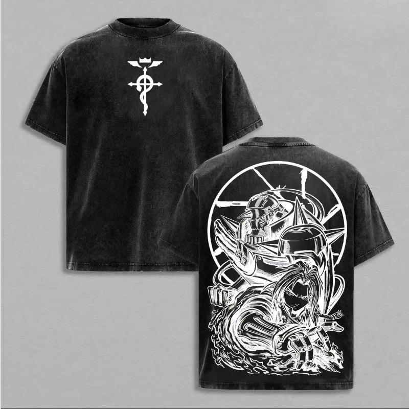 Fullmetal Alchemi Edward Elric T-shirt For Men's Clothing Anime Vintage Washed Oversized T Shirt Short Sleeve Cotton Tees Tops