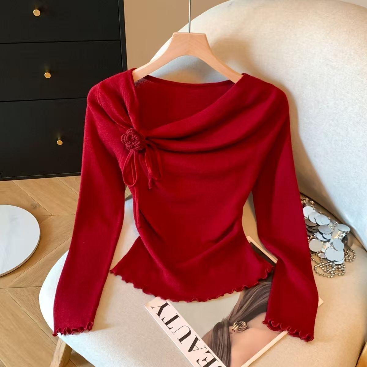 Pure Desire Spicy Girl Floral Corduroy Long Sleeve Slimming Top for Women - Autumn Winter 2025 Fashion Small красный