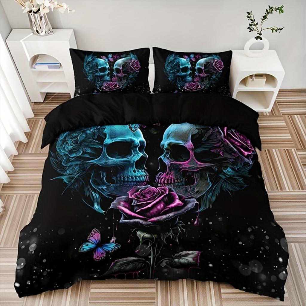 3pcs Dark Rose Skull 3D Printed Bedding Set Comfortable Duvet Cover King Queen Twin Single Size Bithday Gift Room Decoration