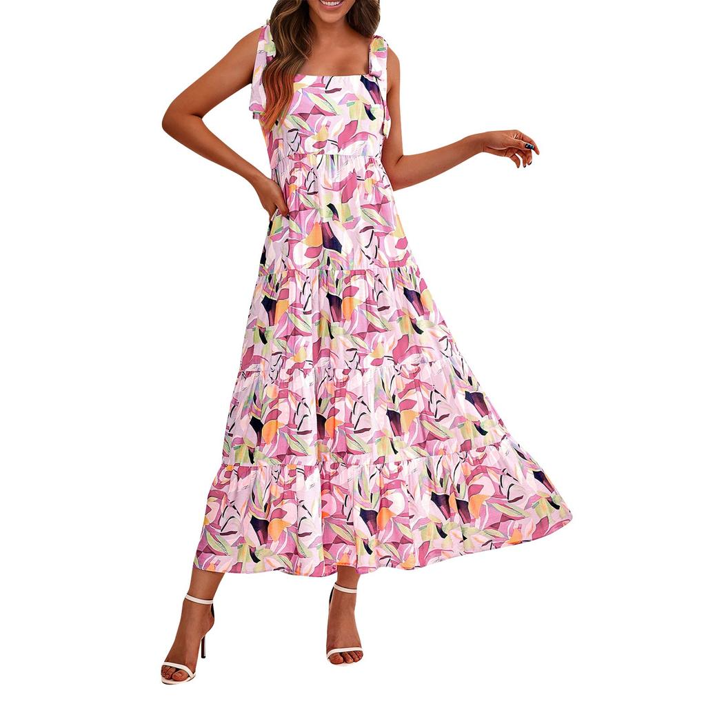 Women Dresses Summer Floral Sleeveless Maxi Dress Casual Spaghetti Strap Tiered Flowy Beach Long Dress