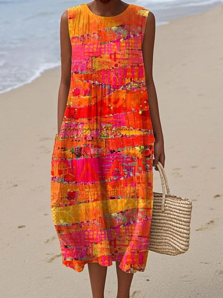 Sleeveless dress new pleated large version loose casual round neck D printing source