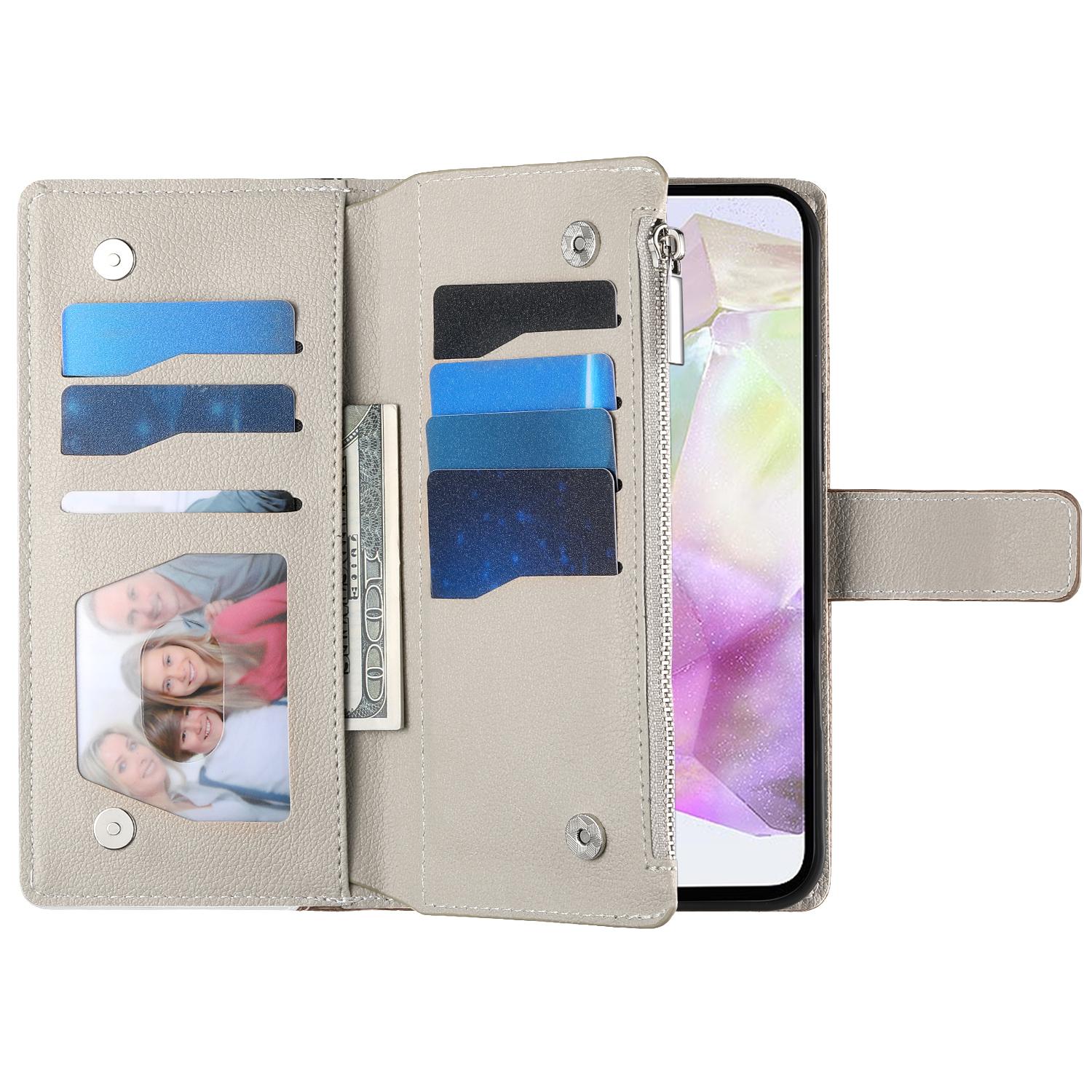 

For Samsung Galaxy A35 5G Case Zipper Wallet Color Splicing Leather Flip Phone Cover with Straps Lake Blue