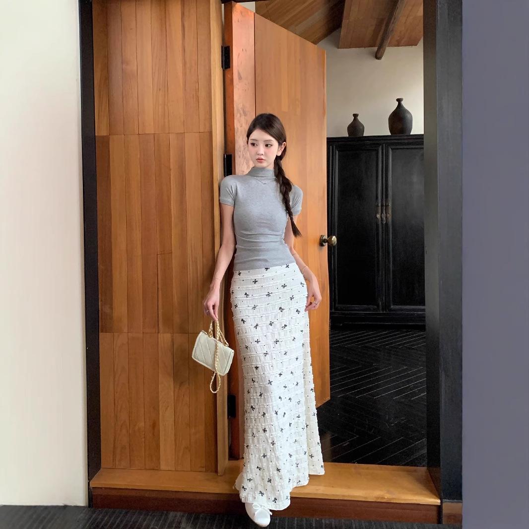 

2025 Summer Floral Bow Print Lace Fishtail Midi Skirt M Premium белый