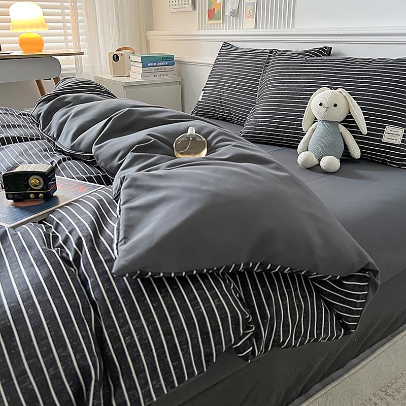 Muji Style Plaid Peach Fuzz Cotton Bedding Set: Skin-friendly Bed Sheet, Fitted Sheet, Duvet Cover - 3 or 4 Piece Options for Dorm.