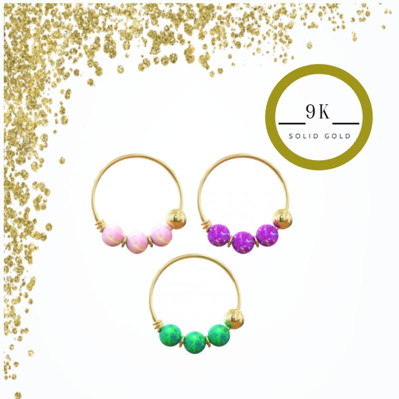 KODY PIERCING Creolen-Nasenring aus 9-karätigem Gelbgold mit Opalsteinen, 3 Stück in einer Box – hochwertiges Piercing