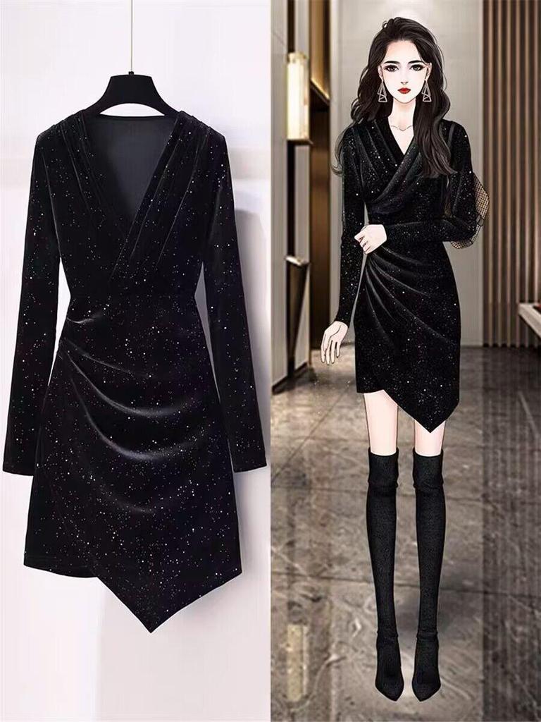 Golden Velvet Slim Fit Little Black Dress - Elegant Petite Short Skirt (2025)
