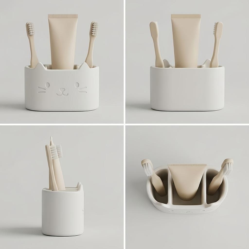 1pc Cat-Themed Three-Hole Self-Draining Toothbrush Holder, Desktop Storage Organizer For Cosmetics, Facial Cleanser