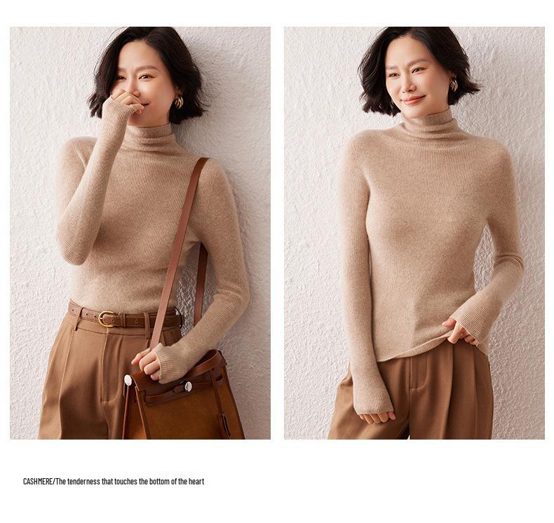 Women's High Neck Cashmere Sweater: Slim Fit Long Sleeve, Stacked Collar Knit for Autumn/Winter