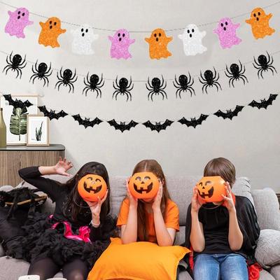 Araignée Noire Fantôme Chauve-souris Drapeau en Papier Fantôme DIY Bannière Amusante pour Fête d'Halloween Décorations de Maison Hantée