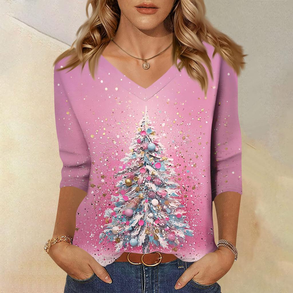 Women's Fashion Casual V Neck 3/4 Sleeve Loose  Printed T-Shirt Ladies Top